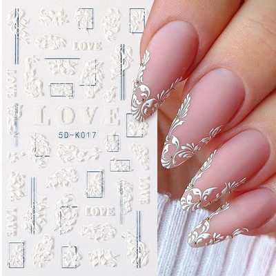 1 list bijelih reljefnih cvjetnih čipki 5D naljepnica s naljepnicama Wedding Nail Art dizajni Cvjetni cvjetni prijenos naljepnica s japanskom geometrijom