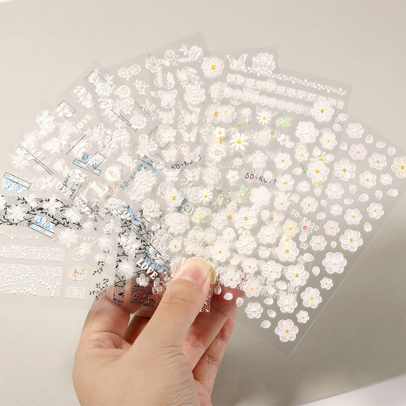 1 list bijelih reljefnih cvjetnih čipki 5D naljepnica s naljepnicama Wedding Nail Art dizajni Cvjetni cvjetni prijenos naljepnica s japanskom geometrijom