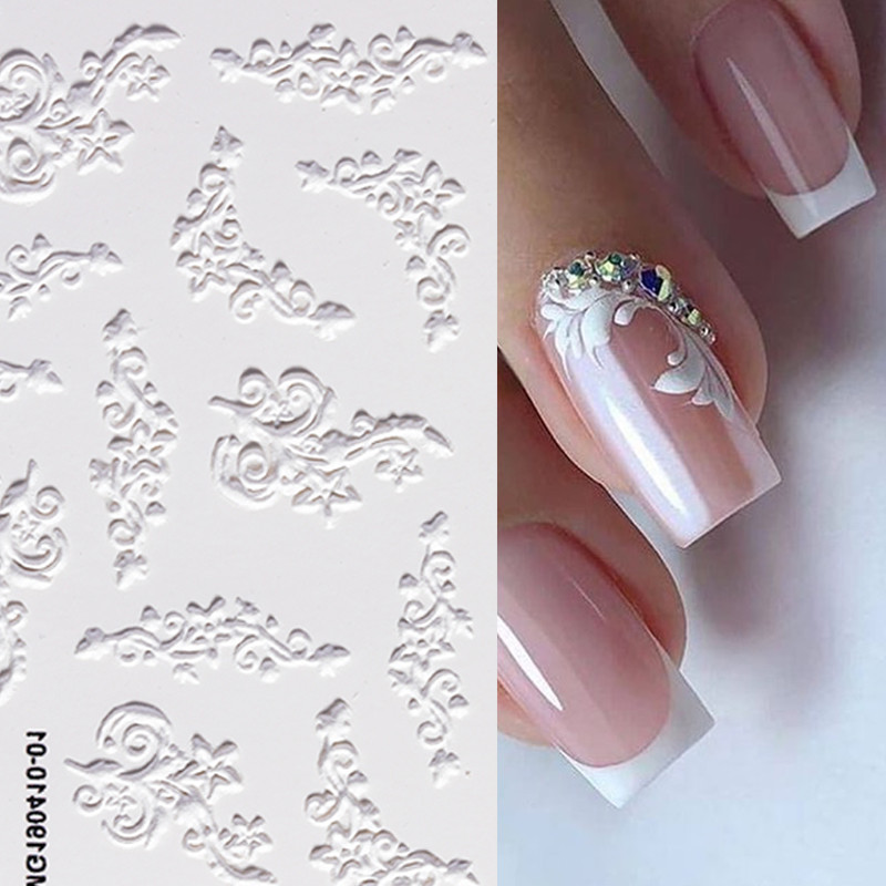 1 list bijelih reljefnih cvjetnih čipki 5D naljepnica s naljepnicama Wedding Nail Art dizajni Cvjetni cvjetni prijenos naljepnica s japanskom geometrijom