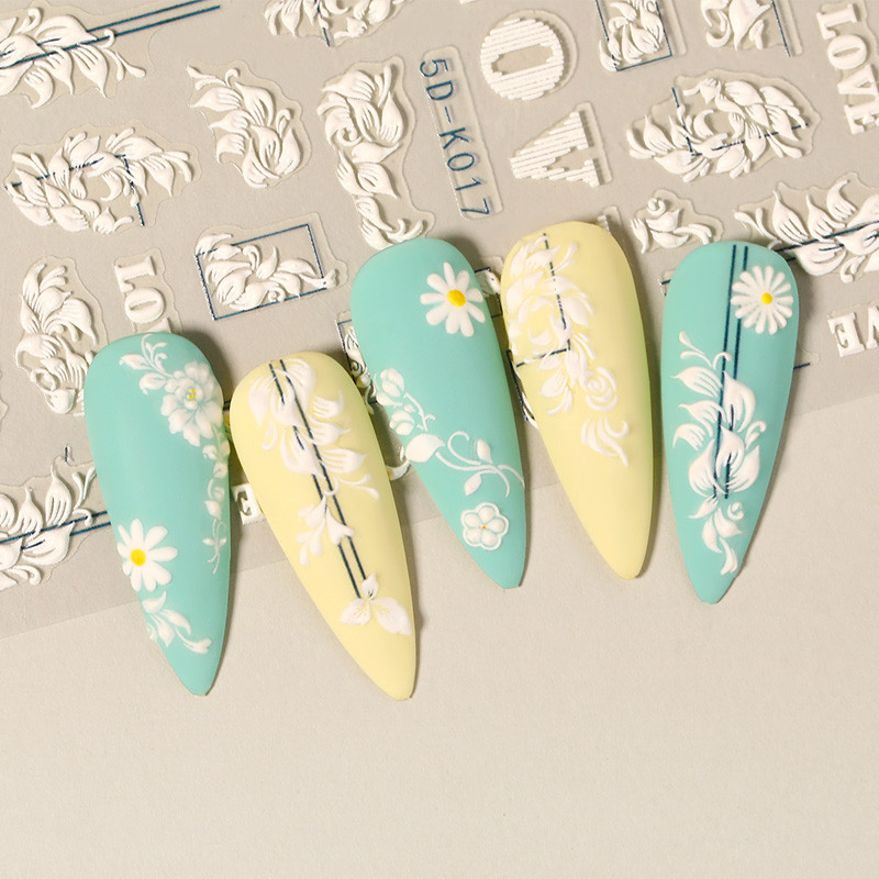 1 list bijelih reljefnih cvjetnih čipki 5D naljepnica s naljepnicama Wedding Nail Art dizajni Cvjetni cvjetni prijenos naljepnica s japanskom geometrijom