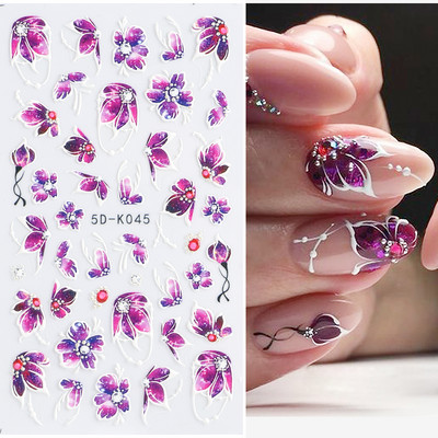 5D лилави цветя Стикери Стикери за изкуство за нокти Релефен дизайн на цветя Лепило Акрилни плъзгачи за нокти Декорации Маникюр TR5D-K045