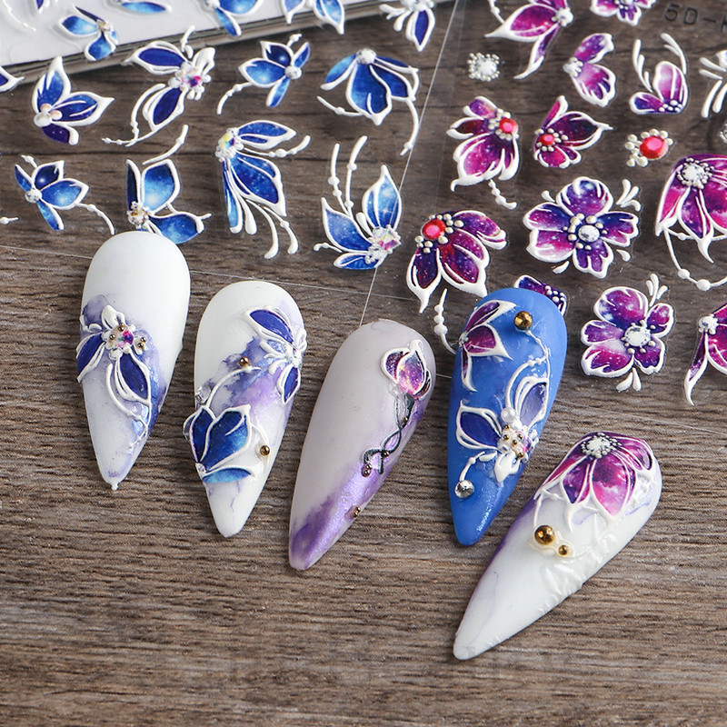 5D лилави цветя Стикери Стикери за изкуство за нокти Релефен дизайн на цветя Лепило Акрилни плъзгачи за нокти Декорации Маникюр TR5D-K045