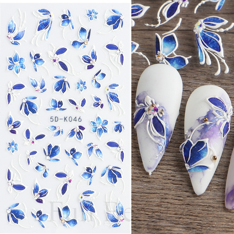 5D лилави цветя Стикери Стикери за изкуство за нокти Релефен дизайн на цветя Лепило Акрилни плъзгачи за нокти Декорации Маникюр TR5D-K045