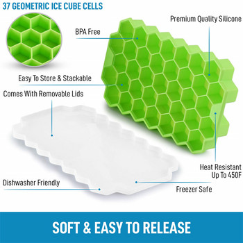 37 кубчета лед, силиконова форма за лед, ледогенератор без бисфенол А, лесно освобождаване на кубчета лед с пчелна пита