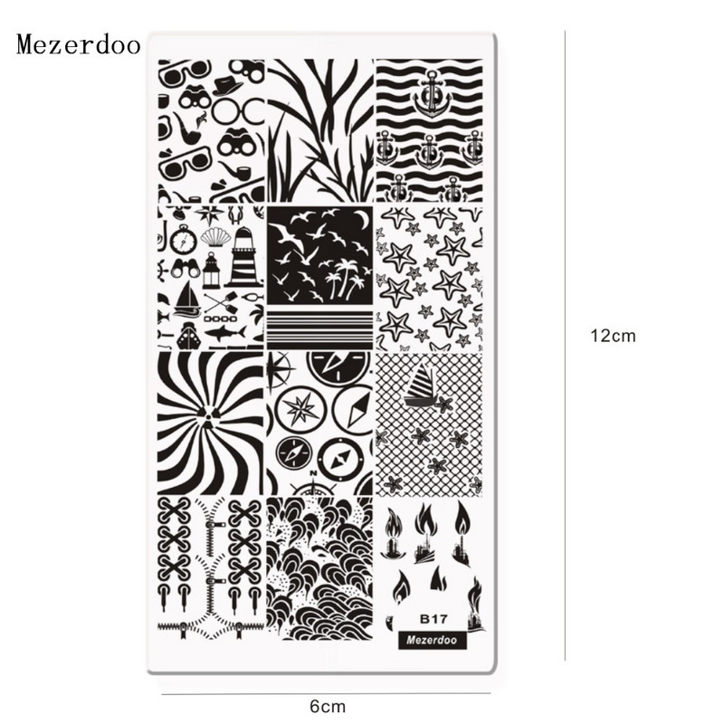 Suvine rand merepurjetamise teema Nail Art templi mall Pildiplaat Ankur Kompass Muster Küünte stantsimisplaadid Mezerdoo B17