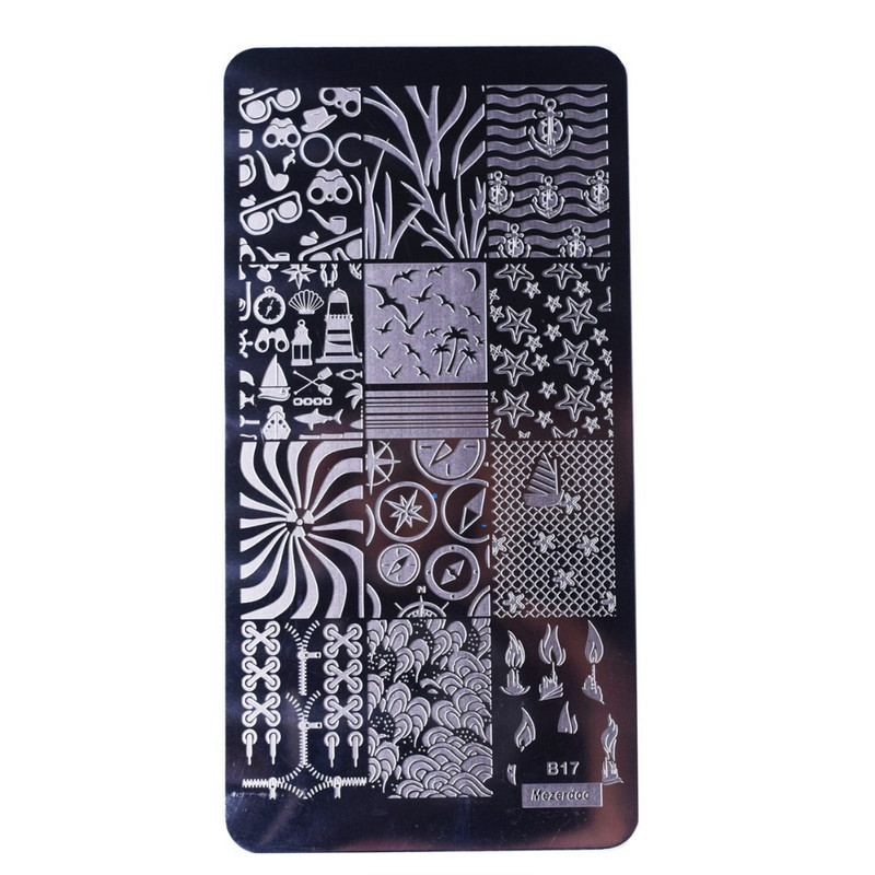 Suvine rand merepurjetamise teema Nail Art templi mall Pildiplaat Ankur Kompass Muster Küünte stantsimisplaadid Mezerdoo B17