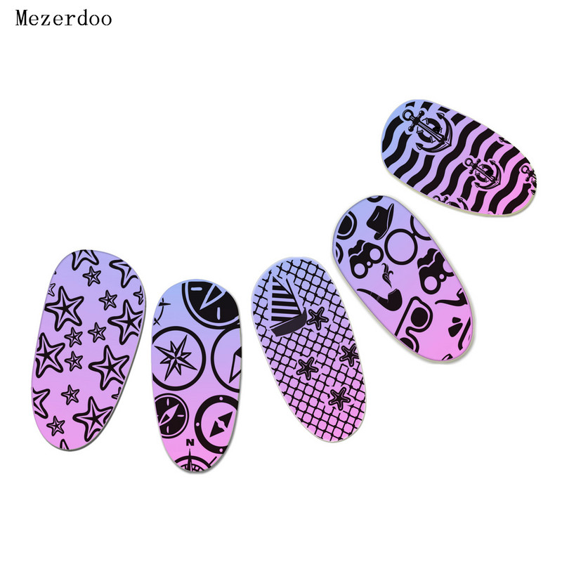 Suvine rand merepurjetamise teema Nail Art templi mall Pildiplaat Ankur Kompass Muster Küünte stantsimisplaadid Mezerdoo B17
