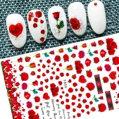 Tavaszi körömdíszítő matricák piros fehér rózsa virágmintás csúszkák levelek vonalak matricák 3D öntapadó körmök kiegészítők matrica