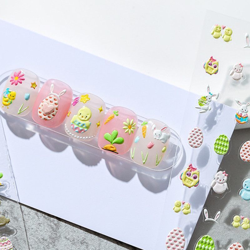 5D húsvéti tojások aranyos nyuszicsibe puha domborművek öntapadó körömdíszítések matricák 3D körömmatricák nagykereskedés