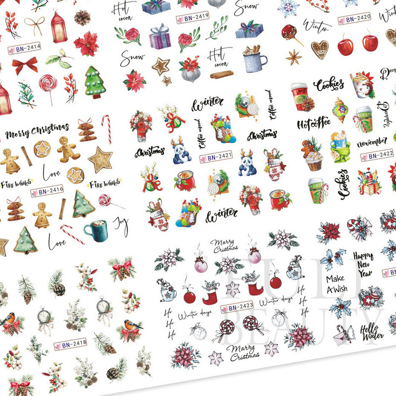 Karácsonyi mézeskalács körmök matricák karácsonyi harangok magyal vízcsúszdák édes kávé torta design téli matricák manikűr BN2413-2424
