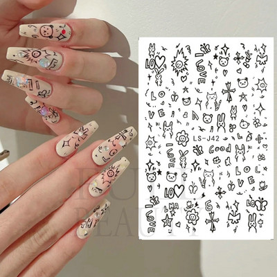 Graffiti Mustrid Küünte Kleebised Must Maalimine Armas Karu Jänes Inglise Disain Slider Kleebis Maniküür Dekoratsioon LS-J42