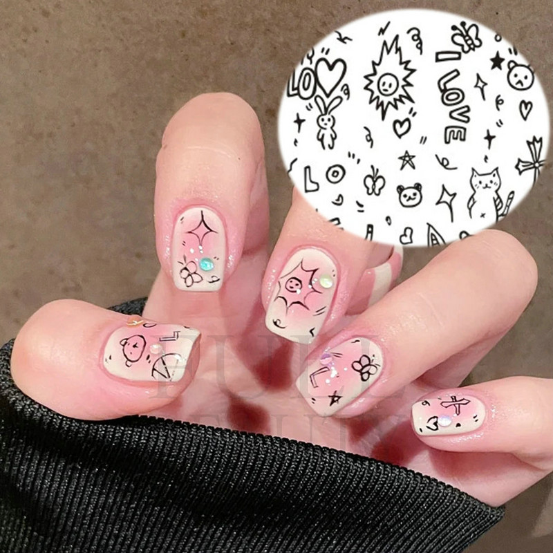 Graffiti Mustrid Küünte Kleebised Must Maalimine Armas Karu Jänes Inglise Disain Slider Kleebis Maniküür Dekoratsioon LS-J42