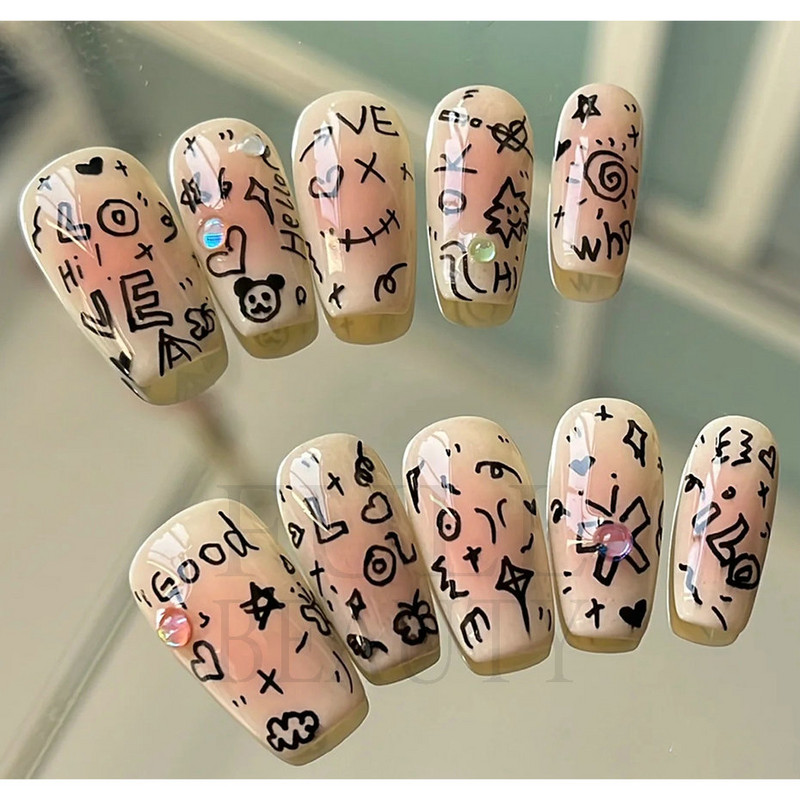Graffiti Mustrid Küünte Kleebised Must Maalimine Armas Karu Jänes Inglise Disain Slider Kleebis Maniküür Dekoratsioon LS-J42