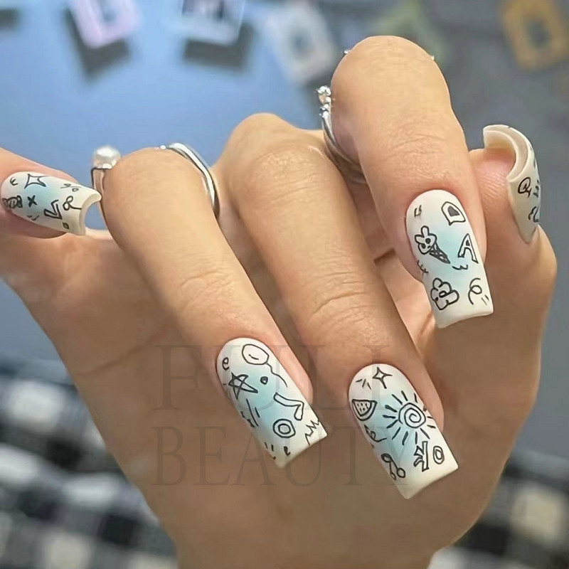 Graffiti Mustrid Küünte Kleebised Must Maalimine Armas Karu Jänes Inglise Disain Slider Kleebis Maniküür Dekoratsioon LS-J42