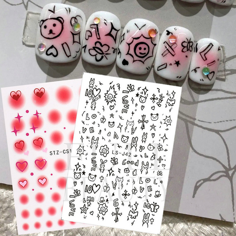 Graffiti Mustrid Küünte Kleebised Must Maalimine Armas Karu Jänes Inglise Disain Slider Kleebis Maniküür Dekoratsioon LS-J42