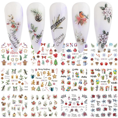 12 τμχ Χειμερινά Χριστουγεννιάτικα αυτοκόλλητα νυχιών με νερό Χριστουγεννιάτικα λουλούδια με κλαδί κουκουνάρι Χαλκομανίες μανικιούρ Χαριτωμένα μπισκότα Slider Διακόσμηση νυχιών