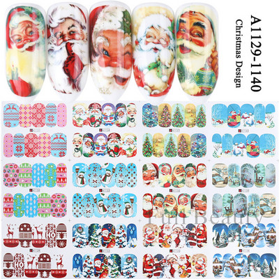 12 τμχ Χειμερινά Χριστουγεννιάτικα αυτοκόλλητα νυχιών με νερό Χριστουγεννιάτικα λουλούδια με κλαδί κουκουνάρι Χαλκομανίες μανικιούρ Χαριτωμένα μπισκότα Slider Διακόσμηση νυχιών