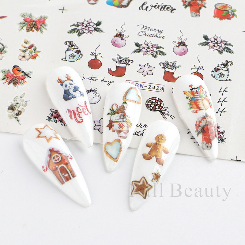 12 τμχ Χειμερινά Χριστουγεννιάτικα αυτοκόλλητα νυχιών με νερό Χριστουγεννιάτικα λουλούδια με κλαδί κουκουνάρι Χαλκομανίες μανικιούρ Χαριτωμένα μπισκότα Slider Διακόσμηση νυχιών