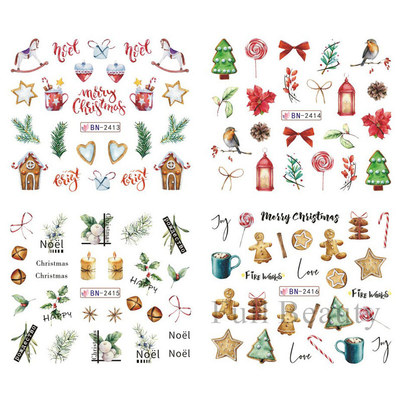 12 τμχ Χειμερινά Χριστουγεννιάτικα αυτοκόλλητα νυχιών με νερό Χριστουγεννιάτικα λουλούδια με κλαδί κουκουνάρι Χαλκομανίες μανικιούρ Χαριτωμένα μπισκότα Slider Διακόσμηση νυχιών