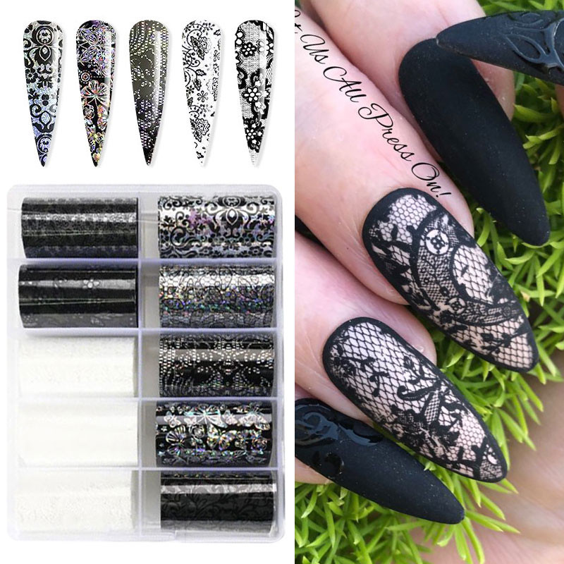 10 rulli/komplekti 3D pitsmustriga küünekilet ülekandepaberi jaoks must valge liblikas madu lillekeebised küünte tarvikute tööriist