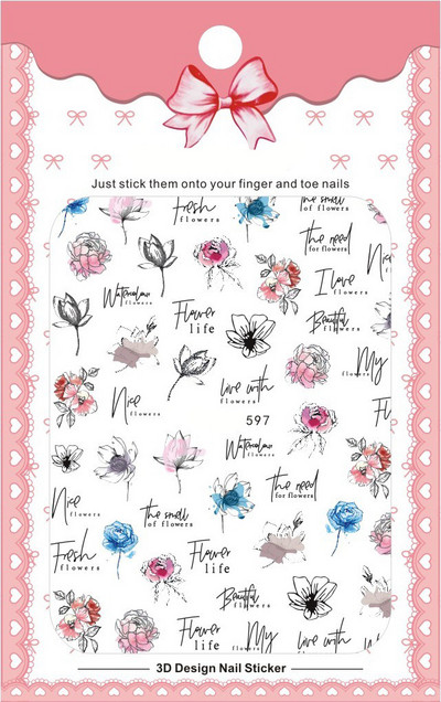 3D Bohemia Fekete vonal Virágok Letter Desgin Öntapadó Nail Art matricák Körömáteresztő csúszók Pakolások Manikűr Fóliák DIY Z540