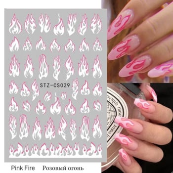 Αυτοκόλλητα Fire Flame Nail Art τρισδιάστατα ροζ μαύρα σχέδια Αυτοκόλλητα συρόμενα φύλλα μπλε DIY Wraps Καλοκαιρινά διακοσμητικά αυτοκόλλητα