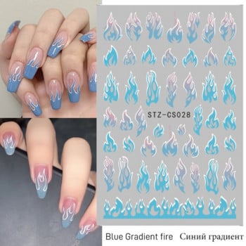 Αυτοκόλλητα Fire Flame Nail Art τρισδιάστατα ροζ μαύρα σχέδια Αυτοκόλλητα συρόμενα φύλλα μπλε DIY Wraps Καλοκαιρινά διακοσμητικά αυτοκόλλητα