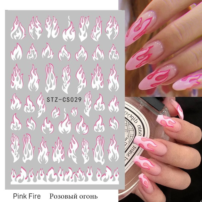 Fire Flame Nail Art matricák 3D Rózsaszín Fekete Design Ragasztó Csúszó Fóliák Kék Barkácscsomagolás Nyári Dekorációs Matricák