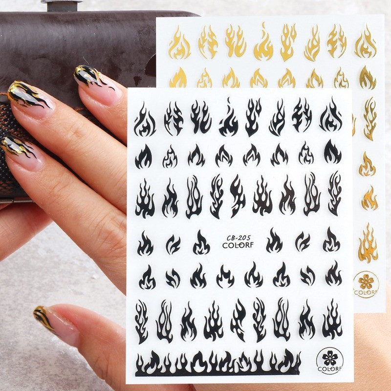 Fire Flame Nail Art matricák 3D Rózsaszín Fekete Design Ragasztó Csúszó Fóliák Kék Barkácscsomagolás Nyári Dekorációs Matricák