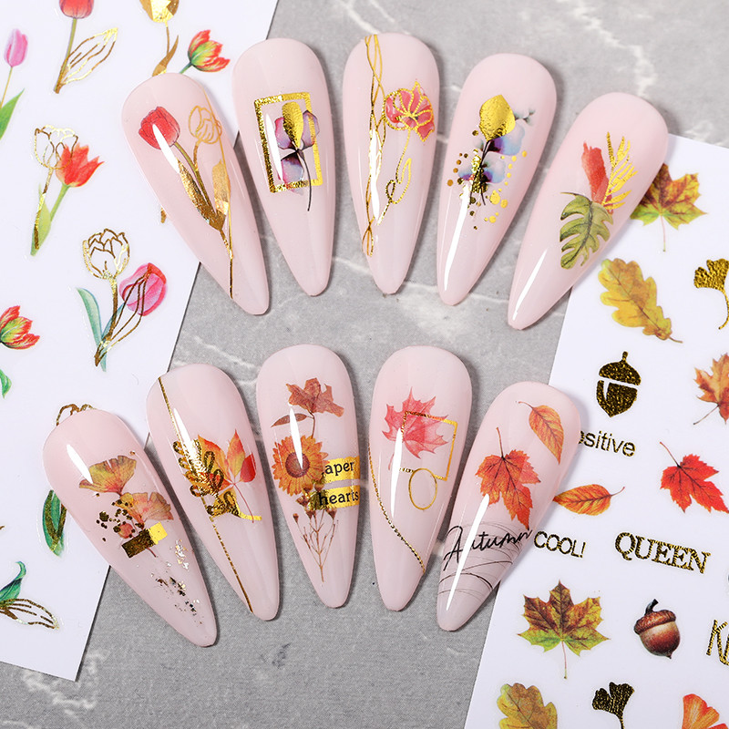 1 τμχ 3D αυτοκόλλητο νυχιών Χρυσά φύλλα σφενδάμου Αυτοκόλλητα συρόμενα φύλλα λουλουδιών τουλίπας Αυτοκόλλητα DIY Διακοσμήσεις μανικιούρ νυχιών