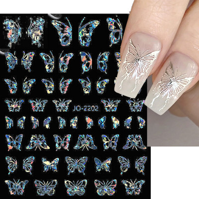 Autocolant Nail Art Laser Fluture Flori de primăvară Autocolante pentru unghii Glisoare adezive holografice 3D Nail Art Decal Decoration