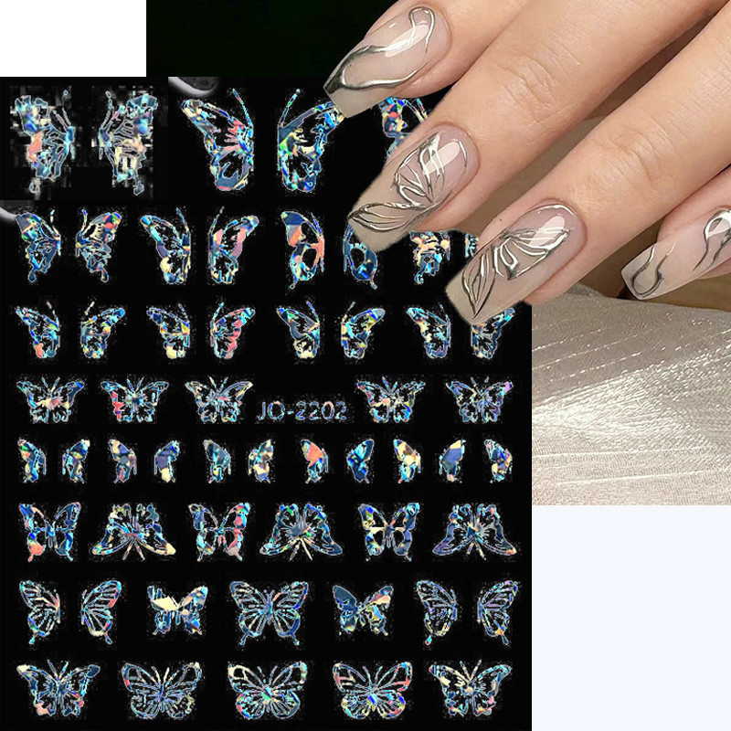 Nail Art matrica Lézeres pillangó tavaszi virágok matricák körmökhöz Holografikus ragasztós csúszkák 3D körömmatrica dekoráció