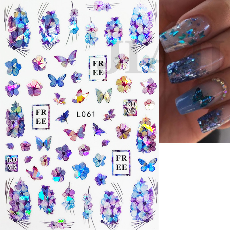 Nail Art matrica Lézeres pillangó tavaszi virágok matricák körmökhöz Holografikus ragasztós csúszkák 3D körömmatrica dekoráció