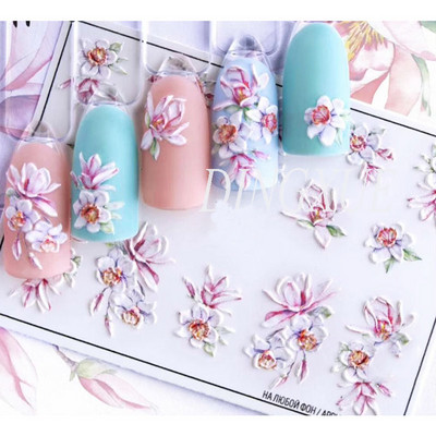 Vruće 3D akrilne naljepnice za nokte s ugraviranim cvijetom Plavo ružičaste boje Vodene naljepnice s cvijetom Empaistic Naljepnice za tobogan za nokte Z0479
