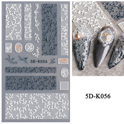 1 leht valged lilled pitsist küünekleebised 5D kleebised reljeefsed lillelised küünte kujundused liugur Jaapani kaunistus maniküür TR5D-K-2