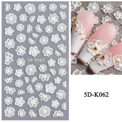 1 leht valged lilled pitsist küünekleebised 5D kleebised reljeefsed lillelised küünte kujundused liugur Jaapani kaunistus maniküür TR5D-K-2