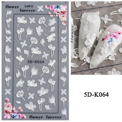 1 leht valged lilled pitsist küünekleebised 5D kleebised reljeefsed lillelised küünte kujundused liugur Jaapani kaunistus maniküür TR5D-K-2