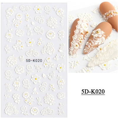 1 leht valged lilled pitsist küünekleebised 5D kleebised reljeefsed lillelised küünte kujundused liugur Jaapani kaunistus maniküür TR5D-K-2