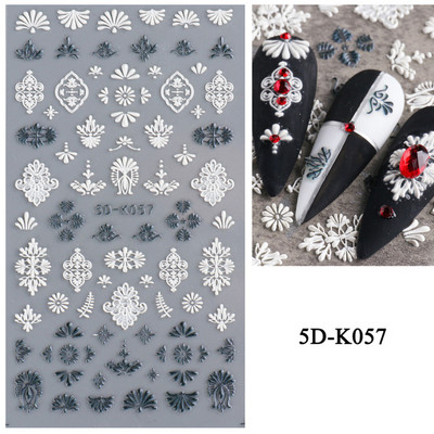 1 leht valged lilled pitsist küünekleebised 5D kleebised reljeefsed lillelised küünte kujundused liugur Jaapani kaunistus maniküür TR5D-K-2