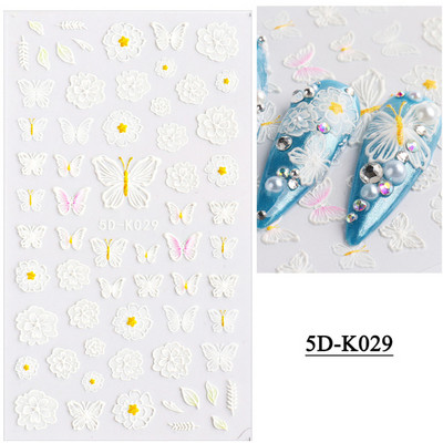 1 leht valged lilled pitsist küünekleebised 5D kleebised reljeefsed lillelised küünte kujundused liugur Jaapani kaunistus maniküür TR5D-K-2