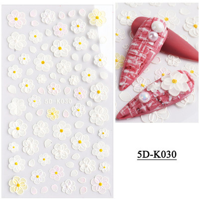 1 leht valged lilled pitsist küünekleebised 5D kleebised reljeefsed lillelised küünte kujundused liugur Jaapani kaunistus maniküür TR5D-K-2