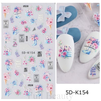 1 leht valged lilled pitsist küünekleebised 5D kleebised reljeefsed lillelised küünte kujundused liugur Jaapani kaunistus maniküür TR5D-K-2