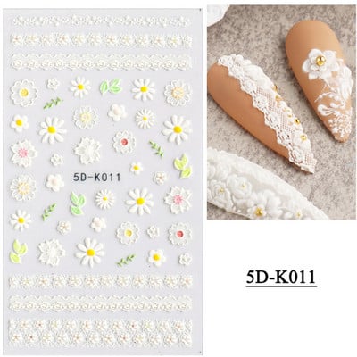 1 leht valged lilled pitsist küünekleebised 5D kleebised reljeefsed lillelised küünte kujundused liugur Jaapani kaunistus maniküür TR5D-K-2