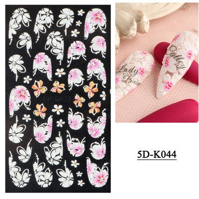 1 leht valged lilled pitsist küünekleebised 5D kleebised reljeefsed lillelised küünte kujundused liugur Jaapani kaunistus maniküür TR5D-K-2