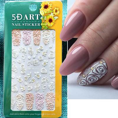 1 leht valged lilled pitsist küünekleebised 5D kleebised reljeefsed lillelised küünte kujundused liugur Jaapani kaunistus maniküür TR5D-K-2