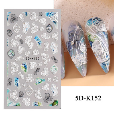 1 leht valged lilled pitsist küünekleebised 5D kleebised reljeefsed lillelised küünte kujundused liugur Jaapani kaunistus maniküür TR5D-K-2