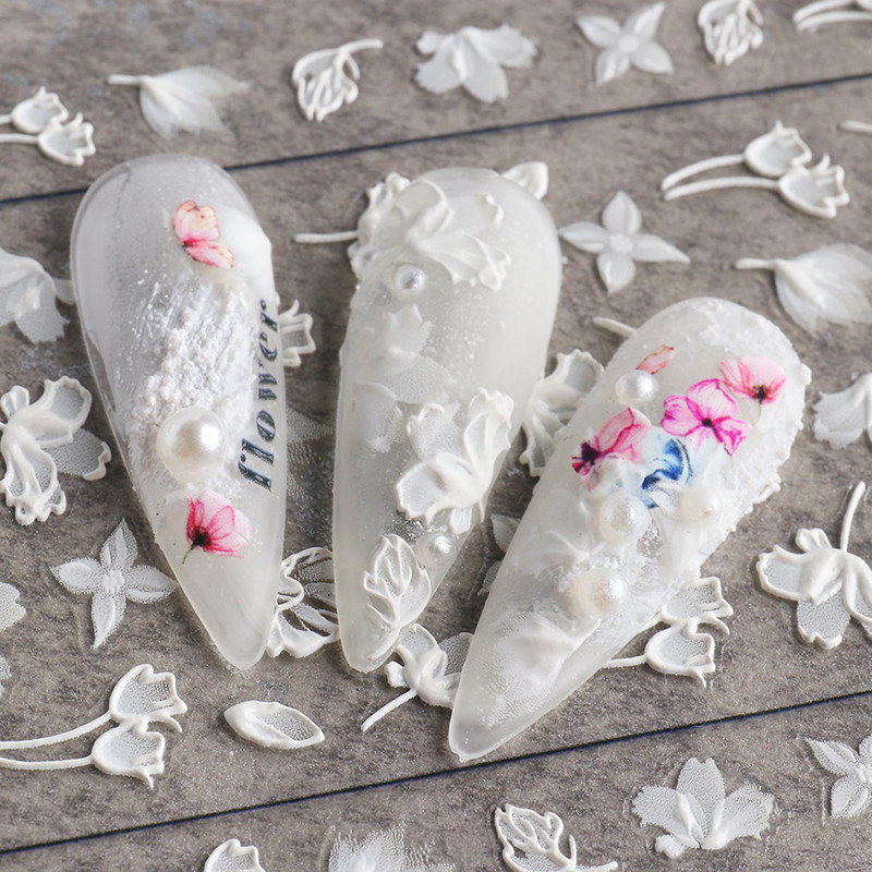 1 leht valged lilled pitsist küünekleebised 5D kleebised reljeefsed lillelised küünte kujundused liugur Jaapani kaunistus maniküür TR5D-K-2