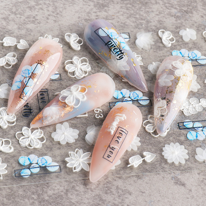 1 leht valged lilled pitsist küünekleebised 5D kleebised reljeefsed lillelised küünte kujundused liugur Jaapani kaunistus maniküür TR5D-K-2