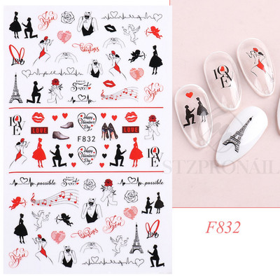 Autocolante 3D pentru unghii Roșu Inimă mare Dragoste Valentine Sweet Cartoon Cuplu Scrisoare Autoadeziv Wrap Slider Decorații pentru manichiură SLF739