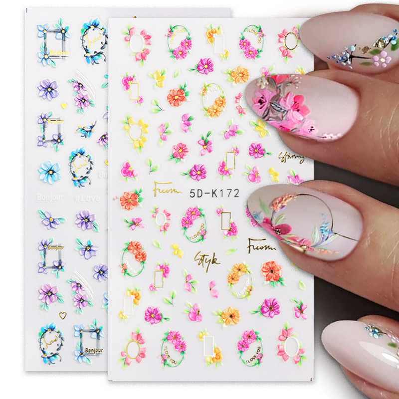 Αυτοκόλλητα νυχιών με ανάγλυφο λουλούδι 5D Λευκή τουλίπα με λουλούδι χαραγμένο Γαμήλιο ολισθητήρα Γεωμετρίας γραμμής φύλλα πεταλούδα αυτοκόλλητα νυχιών